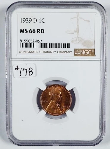 1939 D LINCOLN CENT NGC CERTIFIED MS66 RED DEEP FROSTY LUSTER