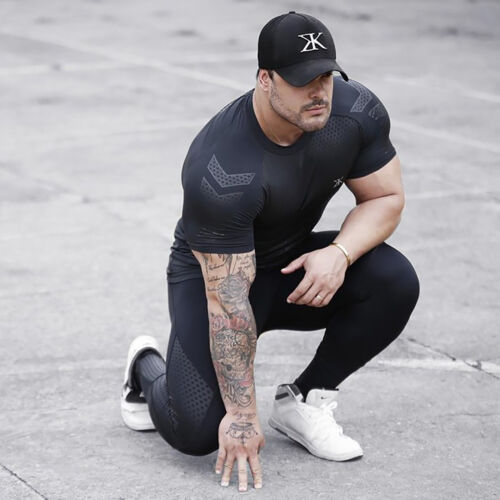 2023 Men Compression Slim Fit Top Short Sleeve Gym T-Shirt Running Fitness Sport - Picture 4 of 19