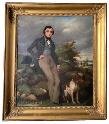 Charles SUAN (1810-1879) Signed - Romantic Oil on Canvas - Gentleman and his Dog