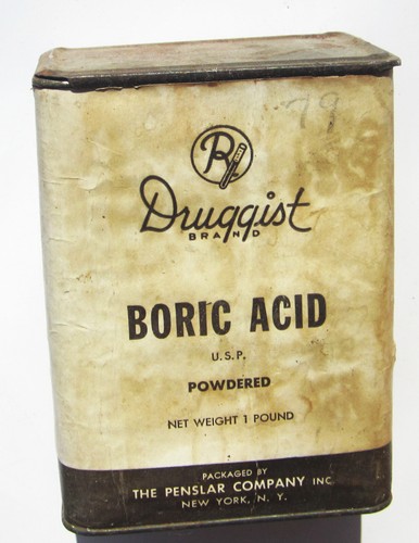 Contenedor completo de lata de ácido bórico marca Druggist de colección años 50 bote 1 lb Penlar