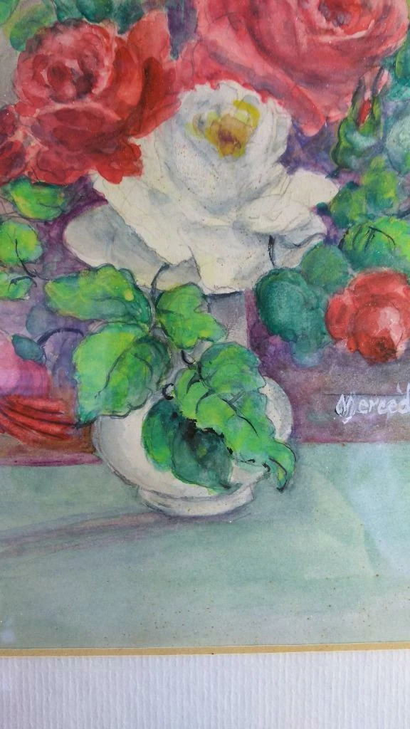 Vintage Still Life Floral Watercolor Gouache Painting Red White Roses  Flowers