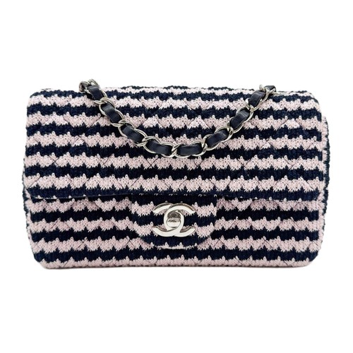 CHANEL Mini Classic Flap 2021 Black and Pink Tweed Knit Cotton Shoulder Bag