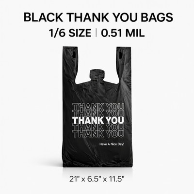Bags 1/6 Black 21 x 6.5 x 11.5 ''Thank You'' T-Shirt Plastic Grocery Shopping 0.51