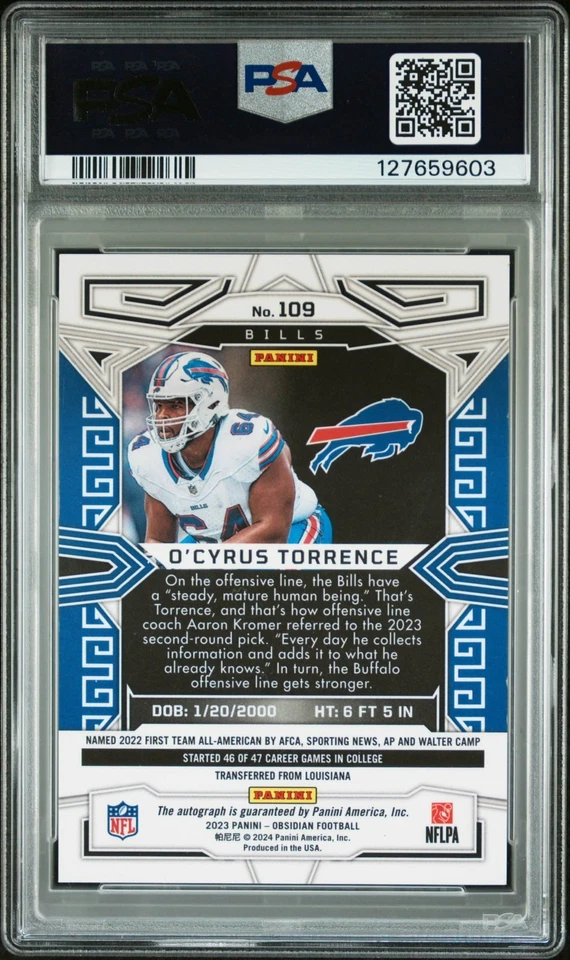 O'Cyrus Torrence 2023 Panini Obsidian Signature #109 (RC) (Buffalo Bills) PSA 10 - Image 2 of 2