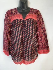 Lucky Brand Blouse Women's Size Small Boho Festival V-Neck Sheer Cottage 