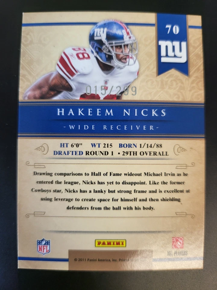 2011 Gold Standard Hakeem Nicks GOLD /299 card #70 Giants - Image 2 of 2