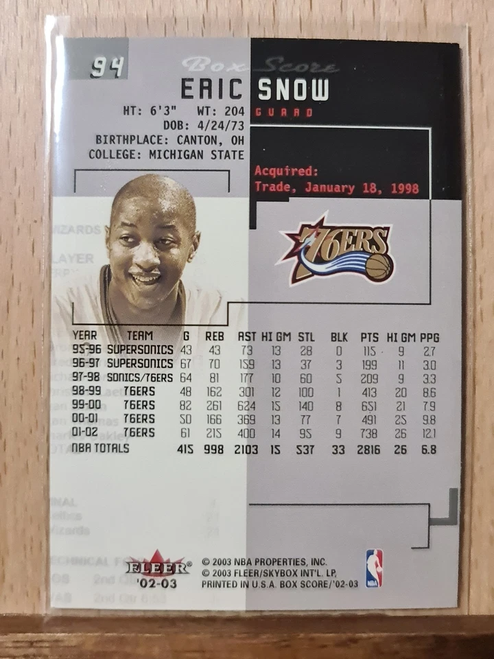 Eric Snow #94 2002-03 Box Score Base 76ers L0129A — 第 2/2 张图片