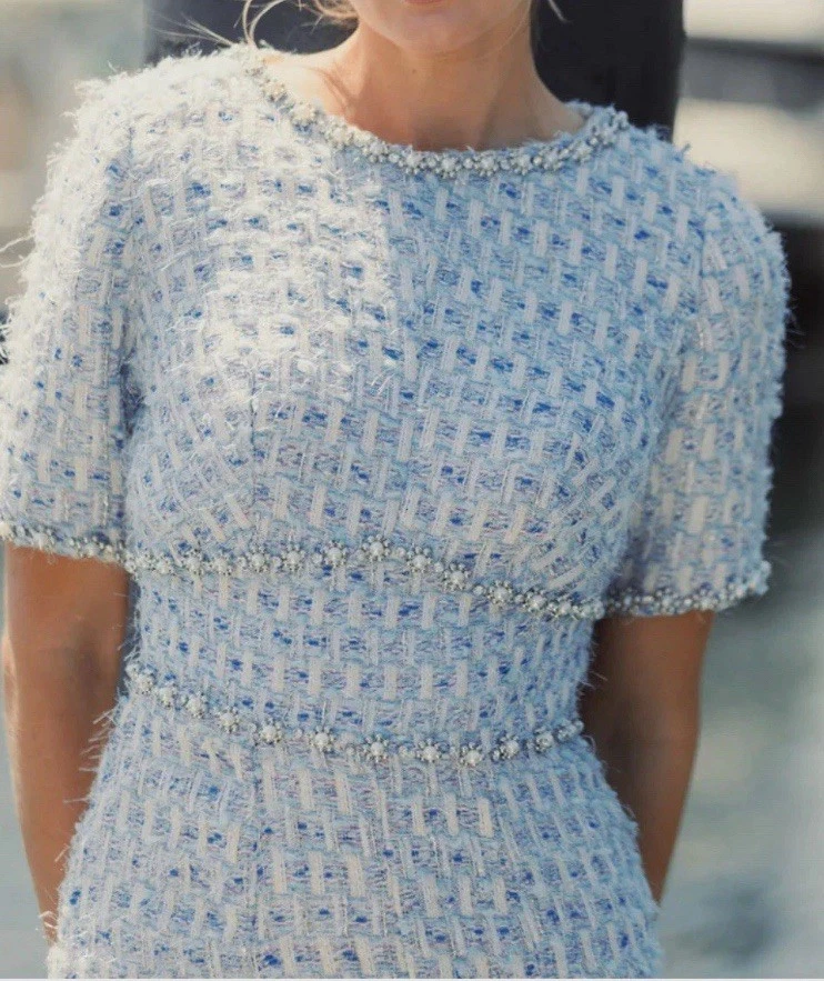 NUEVO CON ETIQUETAS $398 Vestido Mac Duggal [12] 20806 Manga Corta Cuentas Borde Boucle Midi J981 Foto 2 de 4