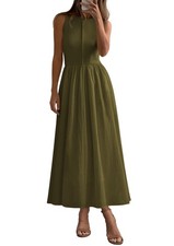 Pleated Maxi Dresses for with Pockets Army Green,S