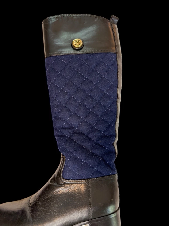 Botas de montar acolchadas Tory Burch - Botas hasta la rodilla de cuero azul marino y negro talla 6M Foto 3 de 4