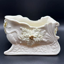 Vtg Bisque Porcelain Ornate Sleigh Centerpiece Vase Holly Berries Cream Gold