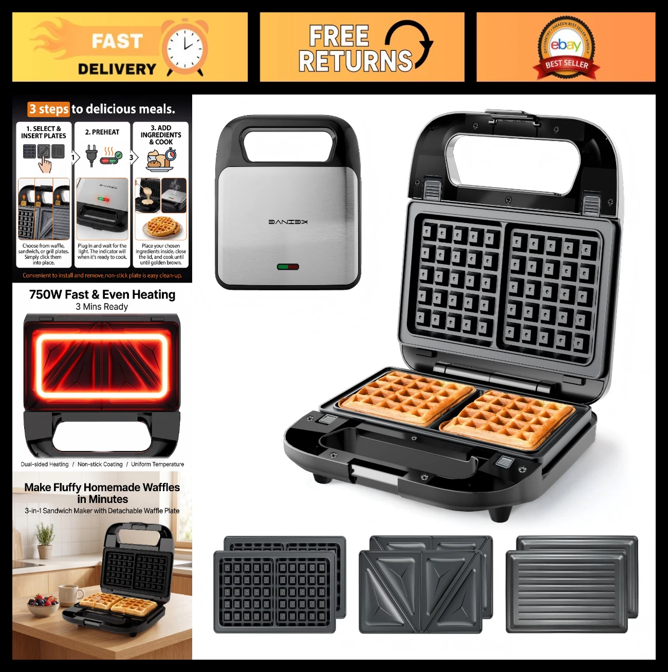 3-in-1 Sandwich Maker, Waffle Maker & Panini Press - 800W Electric Breakfast Mac
Opens in a new wind