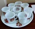 8 vtg Esso Exxon Fire King Tiger Mugs and Serving Tray; tray clean w/edge bend