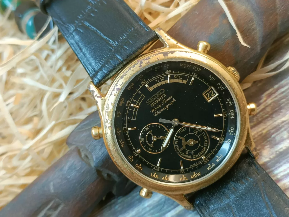 AUTHENTIC SEIKO QUARTZ WORLD TIMER CHRONOGRAPH MEN'S BLACK DIAL DATE 6M15-7030