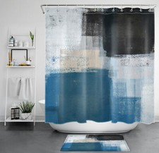 Modern Blue Abstract Geometric Black White Shower Curtain Set for Bathroom Decor