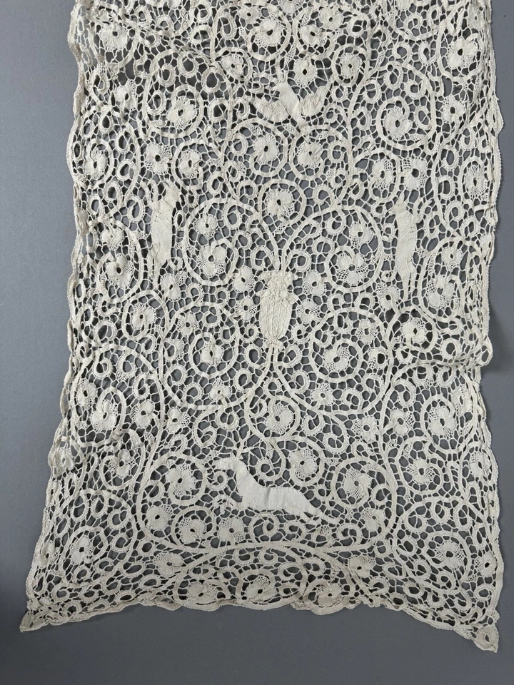 Antique Italian Cantu Lace Table Runner Point Venise Birds, Deer & Dogs 15x46” - Image 2 of 4