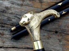 Vintage Walking cane Wooden Stick Solid Lion Head Brass handle Handmade Gift