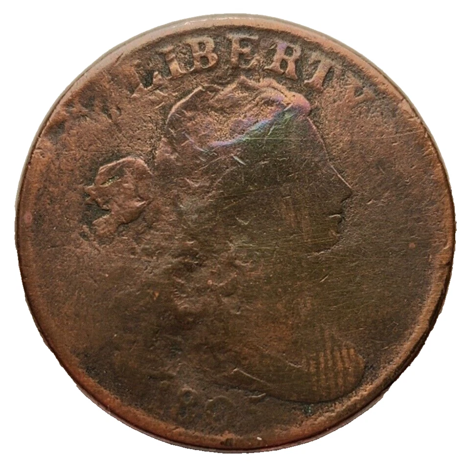 Busto drapeado 1805 centavo grande tonificado limpo danificado - Imagem 2 de 4