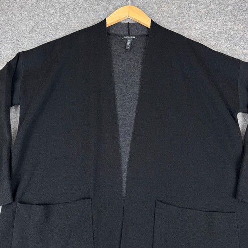Eileen Fisher Merino Wool Long Open Cardigan Sweater Slits Black Womens Small S - Picture 2 of 9