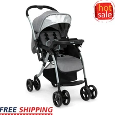 Reversible Handle Stroller W/ Cup Holder Basket Compact Foldable Travel Grey New