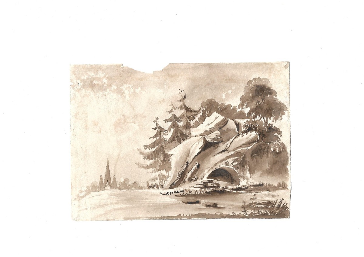 Antique Ink Original Drawing 19th century Cave, Landscape