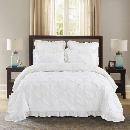 5 Pc Comforter Set Queen White Color Pinch Pleat Scallop Fringe - Picture 2 of 4