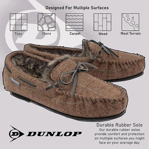 Dunlop Mens Moccasins Slippers Loafers Faux Fur Rubber Sole Memory Foam - Picture 20 of 41