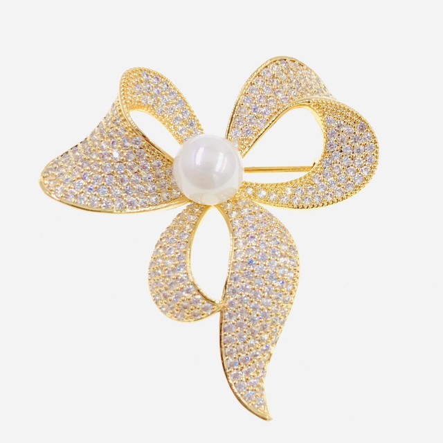 PEARL BOW BROOCH PIN use Swarovski Crystal Gemstone Wedding Bridal GOLD