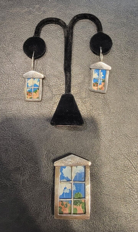 Vintage artisan sterling silver hand painted window scene brooch and earrings