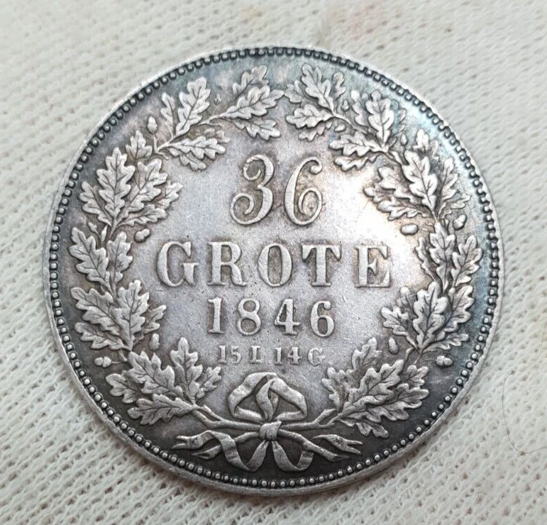 Bremen 1846 36 Grote 1/2 Thaler Taler Silver Coin Germany Rare Colorful - Image 4 of 4