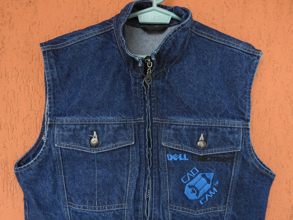 Vintage 90s Dell Microsoft CAD CAM Denim Sleeveless Jean Jacket Vest Small - Image 2 of 4