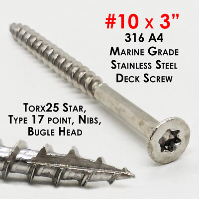 #10 x 3'' Marine Grade 316 Stainless Steel Deck Screws Torx STAR Drive