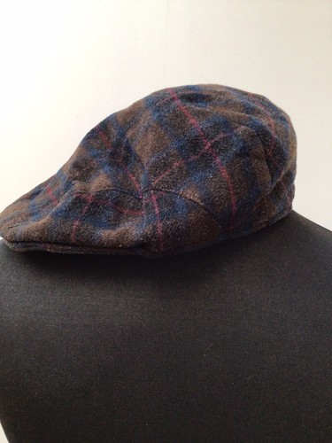VINTAGE C&A BURGANDY BLUE BROWN CHECK WOOL BLEND FLAT CAP HAT SIZE 56 EXCON - Picture 1 of 5