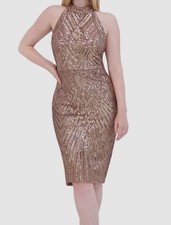 Eliza J Women's Gold Lined Sequined Sleeveless Open-Back Sheath Dress Size 12
