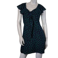 Forever 21 SZ Small Mini Dress Navy Blue with Green Hearts Flutter Cap Sleeve
