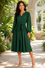 Zita Women’s Modest Notch-Neck Long-Sleeve Belted A-Line Midi Dress