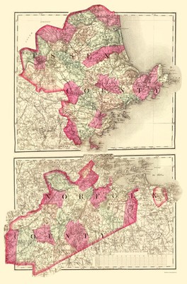 Historic County Map- Essex Norfolk Counties Massachusetts - Walling 1871 -