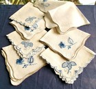 7 Vintage '50s Hand Embroidery Blue Flowers Linen Tea / Cocktail Napkins Lot 11" — photo 5