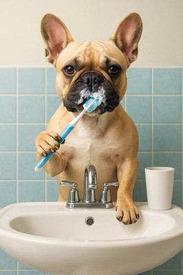 Französische Bulldogge Zähneputzen lustig Badezimmer Poster Druck gerahmte Leinwand Wandbild