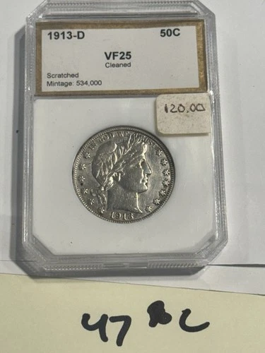 US Mint 1913D PCI  50 Cent Barber 1/2 Dollar Silver Half Dollar