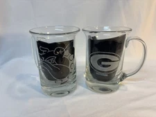 Vintage UGA University Of Georgia Etched Logo Bulldogs Coffe Mugs Set Of 2 Glass