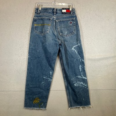 Vintage Tommy Hilfiger Jeans Mens 30x32 Bleached Distressed Raw Hem Blue Denim