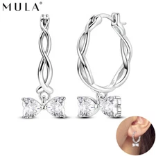 MULA Fine 925 Sterling Silver Weaving Bow AAA CZ Hoop Earrings for Women Jewelry