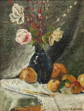 Ölgemälde Öl Leinwand Stillleben Blumen Obst signiert E. Schütz 39 x 34 cm
