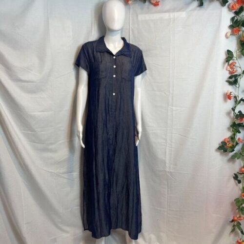 V Neck Denim Midi Summer Buttons Short Sleeve Shirt Sundress Size M
