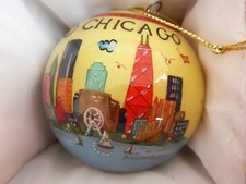 Chicago Skyline Hand Painted 3" Glass Ball Ornament In Red Velvet Keepsake Box