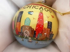 Chicago Skyline Hand Painted 3" Glass Ball Ornament In Red Velvet Keepsake Box