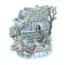 Let it Snow Trees Cats Gate Rabbits Chipmunks Birds Pop Up Christmas Card