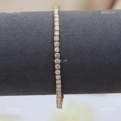 Round Cut Natural Diamond Solid 14K Yellow Gold Tennis Valentine's Gift Bracelet