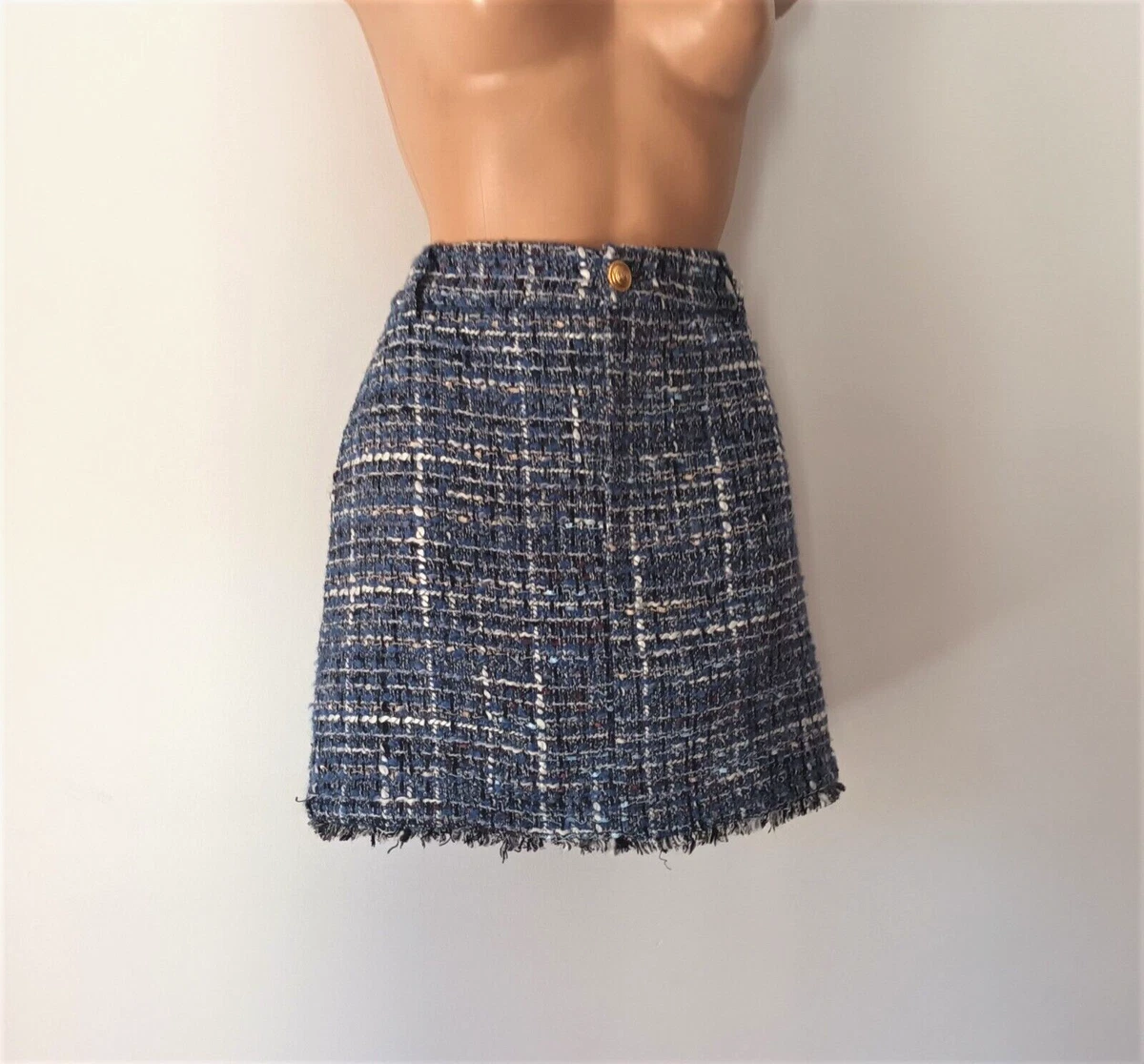 Mini jupe femme ZARA bleu tweed taille S M bouton or deux poches petite jupe
